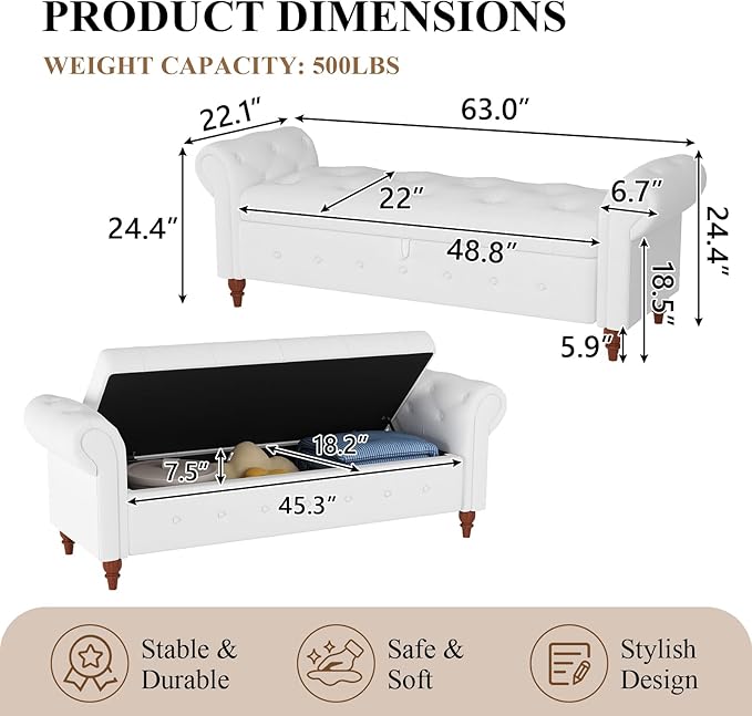 Modern 63'' Storage Ottoman Bench, Upholstered End Bed Bench with Curved Armrest, Button Tufted Entryway Bench with Wood Legs, Bed Bench for Bedroom, Living Room, Hallway (Cream White)
