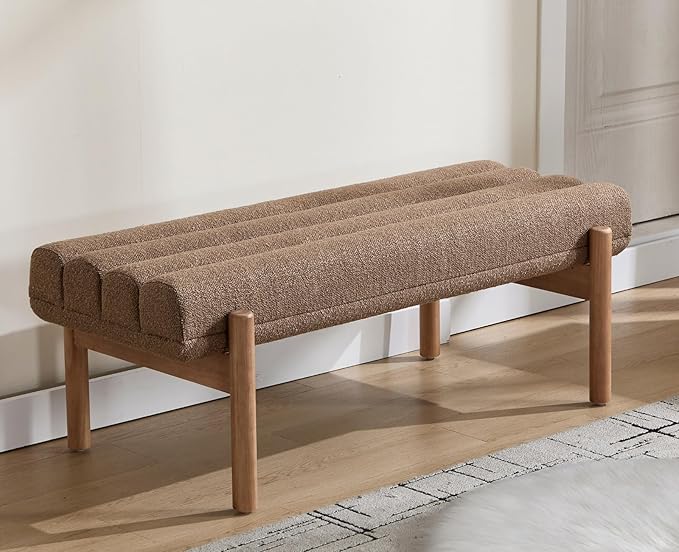 EALSON 47 Inch Entryway Bench Fabric Upholstered End of Bed Bench Modern Bedroom Bench with Cylindrical Cushion and Solid Wood Frame Comfy Chenille Long Ottoman Bench for Bedroom Living Room, Brown