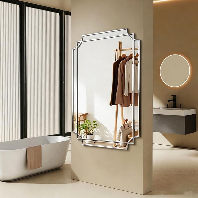 Geometric Beveled Mirror, 48" x 31.6" Silver Art Deco Mirror with Silver Wood Frame, Large Rectangle Accent Wall Mirror for Entryway Bathroom Living Room Bedroom, Horizontal/Vertical Hanging