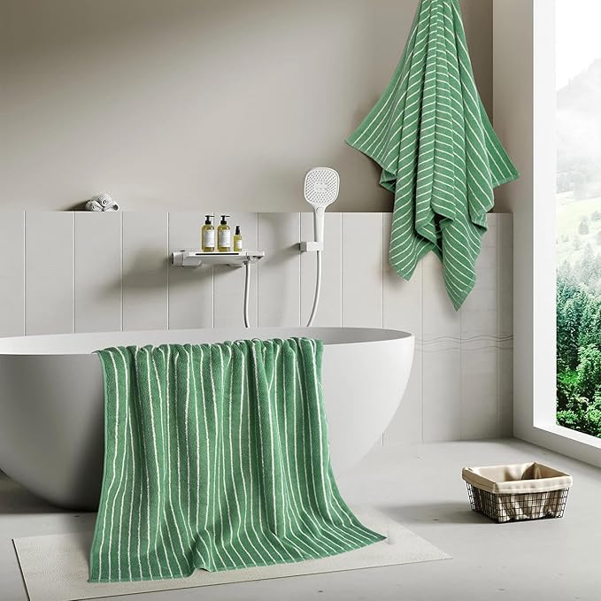Jacquotha Bath Towels 2 Pack, Lighter & Quick Dry Towels Large 27.5 x 55 inches, Luxury Terry Cotton Towels for Bathroom Beach Swim, Forest Green & White Striped