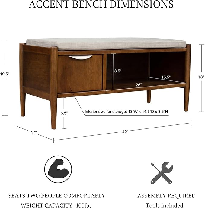 Ink+Ivy Arcadia Entryway Accent Bench with Shelf Shoe Rack, Padded Seating Bench for Living Room, Modern Compact Bed End Bench with Storage for Bedroom Seating, Removable Cushion, 42" W, Walnut Brown