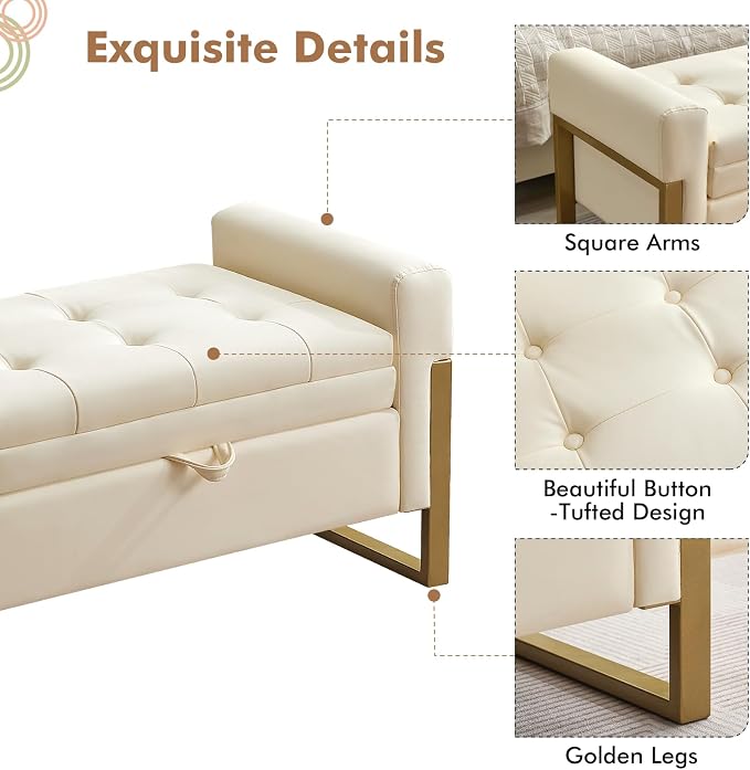 67" End of Bed Storage Bench King Size, Upholstered Faux Leather Bench for Bedroom Foot of Bed, Double Lids Storage Ottoman Bench with Golden Legs for Window Living Room Entryway, Beige
