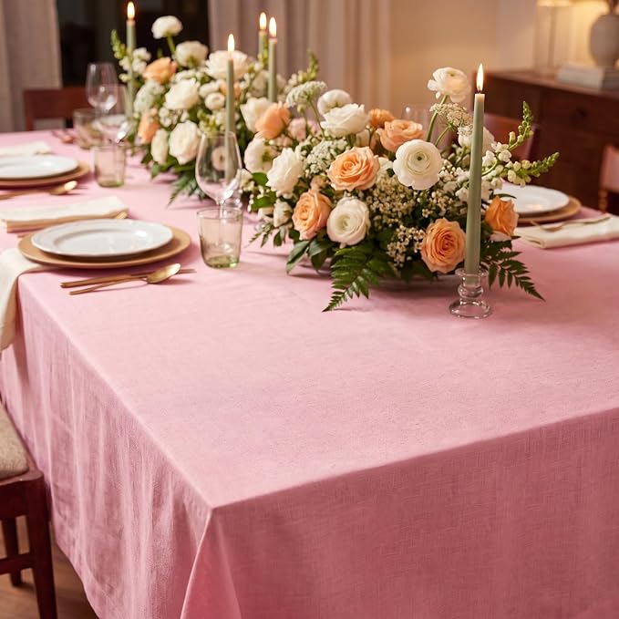 Solino Home Linen Tablecloth 60 x 90 Inch - 100% Pure Linen Pink Lemonade Table Cloth for Rectangle Tables - Fete, Machine Washable Tablecloth for Summer
