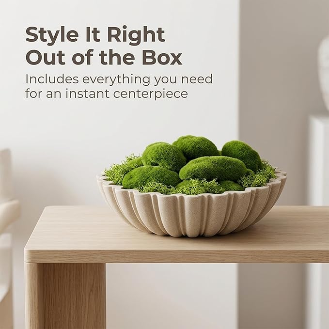 Decorative Bowl Set for Home Decor, 10.6" Large Beige Scalloped Fruit Bowl for Coffee Table, Entryway Table or Kitchen Counter, with 10 Artificial Moss Rocks and Decorative Moss