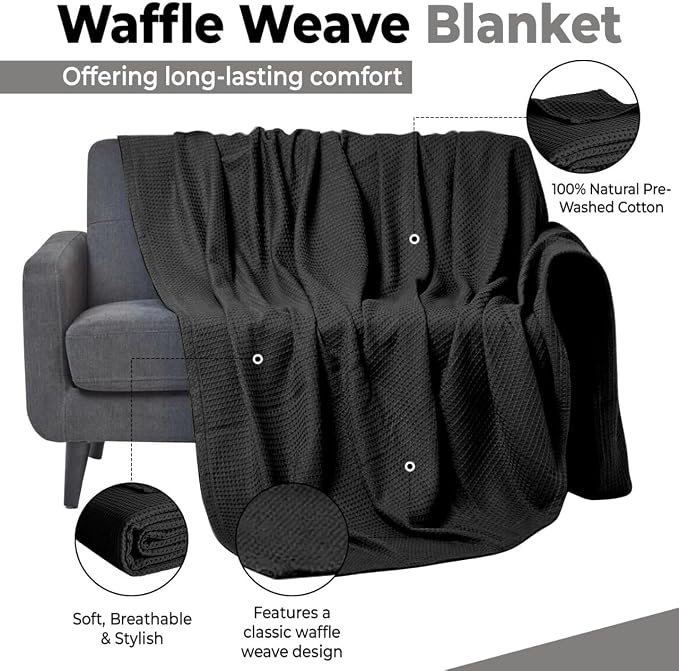 100% Cotton Blankets for Bed - Waffle Weave Blankets for Summer, Lightweight and Breathable Soft Woven Blanket for Spring (Black, Queen (90" x 90"))