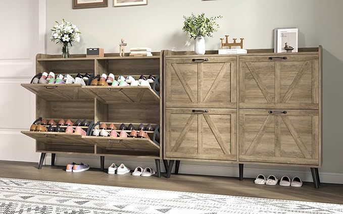 Shoe Cabinet with 4 Flip Drawers, Farmhouse Shoe Cabinet Storage for Entryway Slim, Freestanding Shoe Organizer Hidden Shoe Rack Cabinet with Wooden Legs, Rustic Oak