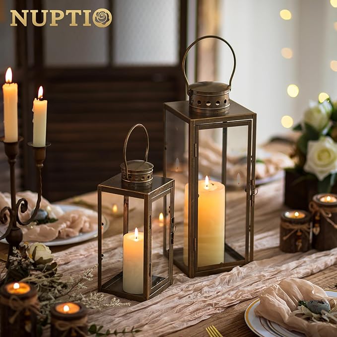 NUPTIO Vintage Lanterns Decorative Outdoor: 9.5 13.8 inches Tall Set of 2 Rustic Metal Lantern Decor with Glass - Distressed Gold Candle Holder for Wedding Christmas Mantel Living Room Patio