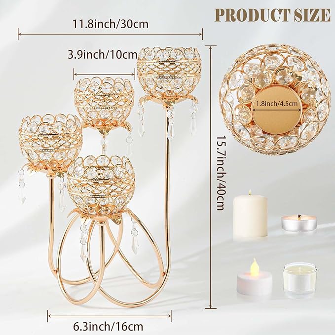 4 Arms Crystal Candelabra Tealight Holder - Tall 15.7 Inch Elegant Centerpiece with Crystal Pendant Bowls & Artistic Metal Stand for Wedding, Dining Table, Home Decor (1, Gold)