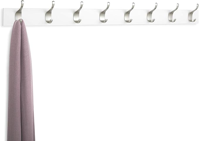 Amazon Basics Wall Mounted Modern Coat Rack for Entryway and Bedroom with Versatile Storage Hooks, Rectangular, 8-Hook, White | Rectangular, Modern