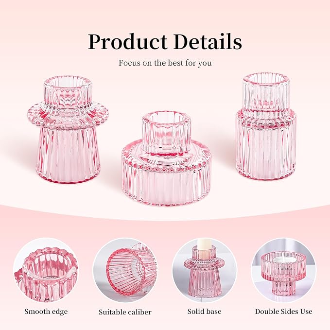 Taper Votive Candle Holder for Pillar Candles Tealight, Candlestick Holder for Wedding Christmas Tea Party, Boho Ribbed Vintage Crystal Glass Table Centerpiece Decor, Bulk Set of 6 (Pink)