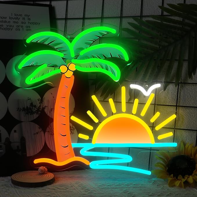 Tropical Neon Sign for Wall Decor, 13.5 x 13 Inch Palm Tree Sunset Neon Light, Dimmable USB Powered Coconut Tree LED Sign for Tiki Bar Hawaii Club Bedroom Bar Beach Theme Restaurant Party Decor