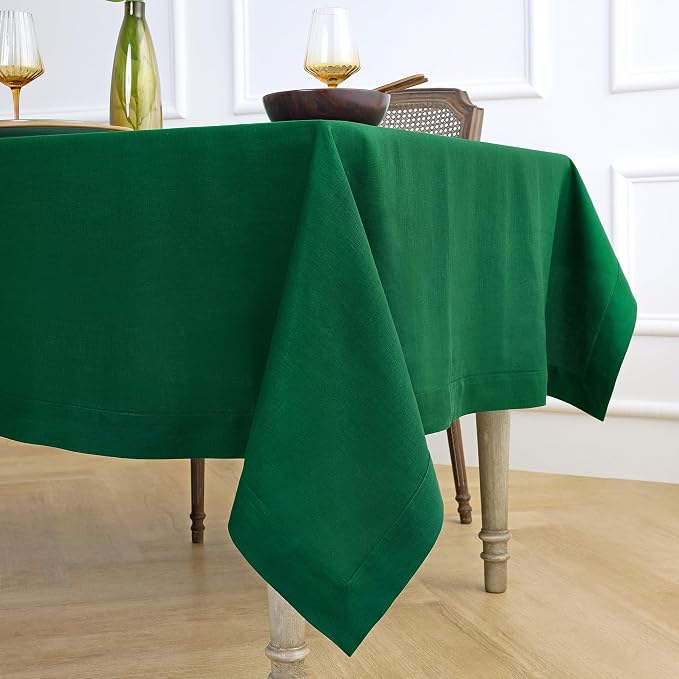 Solino Home Linen Tablecloth for Rectangle Tables 60 x 90 Inch - 100% Pure Linen Christmas Green Table Cloth - Fete, Machine Washable Cloth Tablecloth