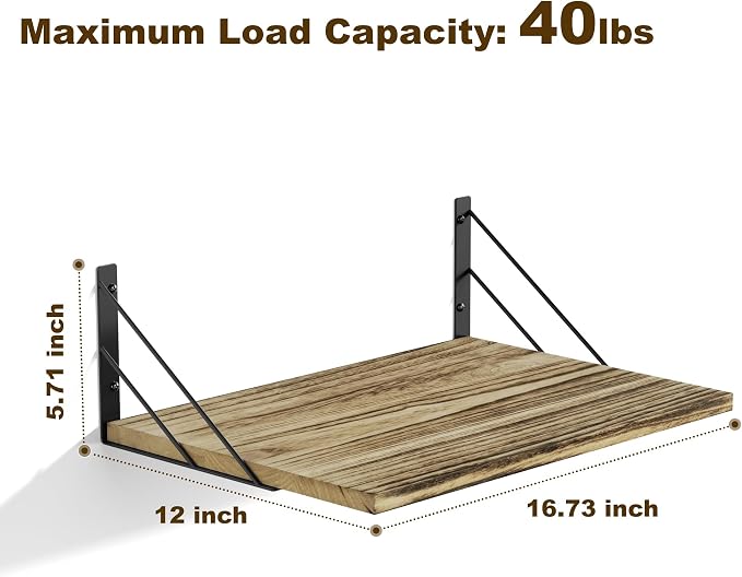 Love-KANKEI Wide Floating Shelves for Wall, Carbonized Black 16" W x 12" D Large Deep Wood Wall Shelves for Storage in Bathroom, Bedroom, Living Room, and Kitchen Set of 2
