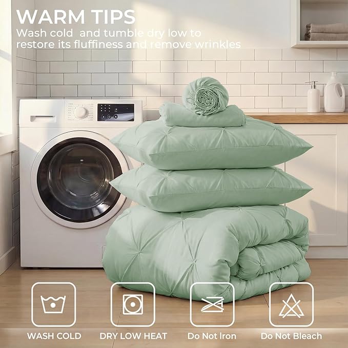 Sasttie Twin Comforter Set, 5-Piece Bed in a Bag, Pintuck Bedding Sets for All Season, Includes Comforter, Flat Sheet, Fitted Sheet, Pillowcase and Pillowsham, Light Sage Green