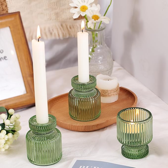 DARJEN 6 Pcs Green Candlestick Holders - Glass Taper Candle Holders Tealight Votive Candle Holders for Table Centerpieces, Wedding, Dinner Party, Home, Gifts (Pack of 2)