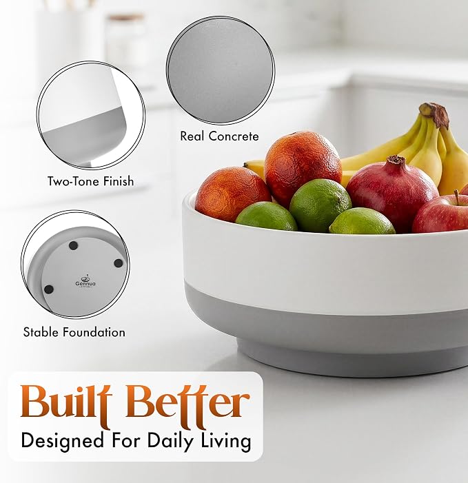 Gennua Kitchen Concrete Fruit Bowl for Kitchen Counter - Modern Two-Tone Stone Centerpiece with Wide Stable Base, Large Decorative Cement Bowl for Entryway Table, Coffee Table Decor, Key Bowl,11 Inch