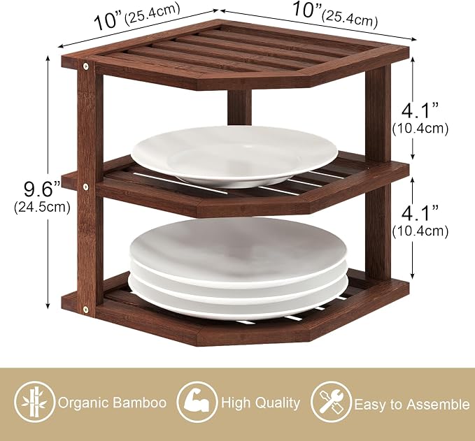 VERTORGAN 3 Tier Bamboo Corner Shelf(2 pack),Dish Drying Rack,Plate Organizer,Kitchen Spice Rack for Countertop and Cabinet,Pantry Organization and Storage(Brown)