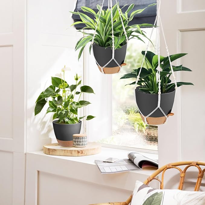 Vanslogreen 41.5 Inch Macrame Plant Hanger Indoor Outdoor with 12 Inch Flower Pot, Hanging Planter for Plants Holder with Wood Beads for Boho Home Decor (Ivory+Black)