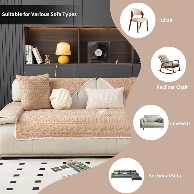 Geometric Jacquard Plush Warm Sofa Couch Cover, Soft Funny Fuzzy Couch Covers, Non Slip Sectional Sofa Slipcover, Cozy Washable Furniture Protector for Kids, Pets (Khaki, 36"x 63")
