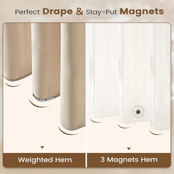 BTTN 3 in 1 Shower Curtain Set, Cream Linen Textured Fabric Shower Curtain and Clear Liner Set with Plastic Hook, Modern Hotel Luxury Weighted Waterproof Shower Curtain for Bathroom, Beige, 72x72