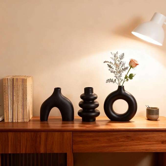 Ceramic 3 Pcs Vase Set,Modern Home Decor Table Centerpiece,Minimalist Nordic Vases, Wedding, Living Room, Bookshelf, Office, Modern Home, Entryway Boho Decor (Black)