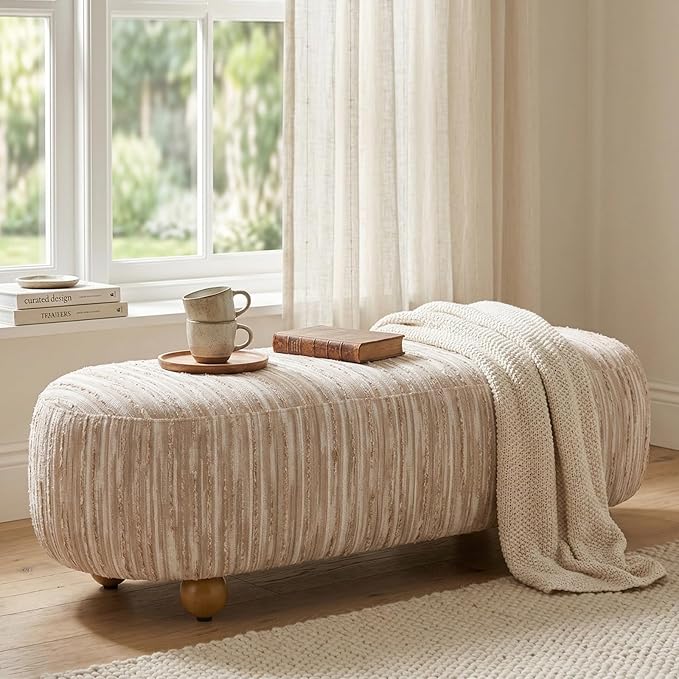 54" Boho Striped Upholstered Bench, Oval Ottoman Foot Stool with Wooden Legs, Extra Seating for Bedroom Living Room, Modern Accent Bench for Entryway, Kahki