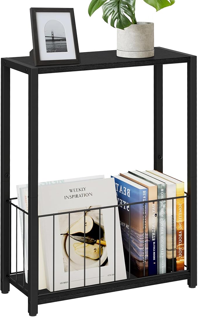 Homleke Narrow Side Table with Magazine Holder, Skinny End Table Perfect for Small Spaces, Space-Saving Design for Living Room, Bedroom, or Office, 7.1" D x 16.9" W x 23.6" H, Black