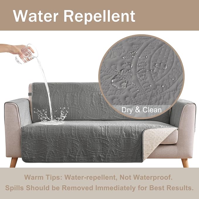 Cool Gray Loveseat Covers for 2 Cushion Couch, Water-Repellent Covers for Sofa, Machine Washable Love Seat Quilted Couch Covers, Pet Friendly Loveseat Slipcovers (Loveseat 48", Cool Gray)