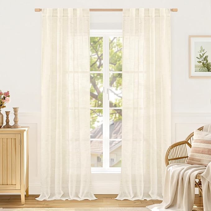 LAMIT Linen Sheer Curtains 84 Inches Long for Living Room, Soft Light Filtering Curtains Semi Sheer Back Tab and Rod Pocket Neutral Panels for Bedroom/Farmhouse, Beige, 2 Panels, 34 x 84 Inch