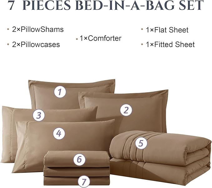 Monbix King Size Comforter Set - 7 Pieces Bed in a Bag King, Raw Umber King Bedding Sets with Comforter, All Seasons Comforter Bed Set with Sheets, Pillowcases & Shams