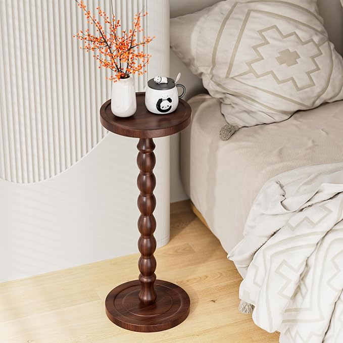 Rubber Wood Round Side Table, Solid Wood Small Drink Table for Small Spaces, Modern Accent Tables, End Tables for Living Room, Bedroom and Office (Dark Walnut, 9.4 Inch)