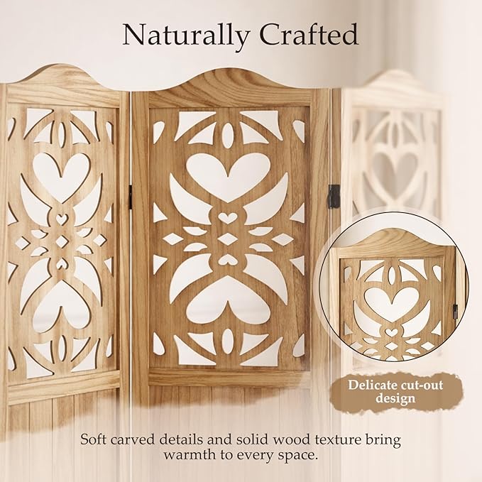 6 Panel Room Divider Fully Assembled, Carved Room Dividers and Folding Screens, 5.6Ft Wood Room Divider Screen Freestanding Partition Wall Dividers for Home Bedroom Office, Rustic Wood Color