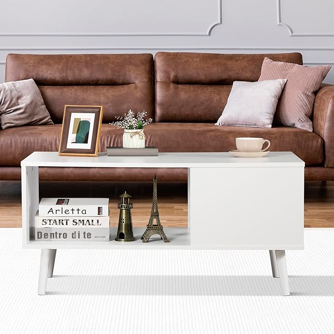 ZenStyle Mid Century Modern Coffee Table, Wooden Retro Coffee Table with Open Storage Shelf for Living Room, Reception, Easy Assembly (White)