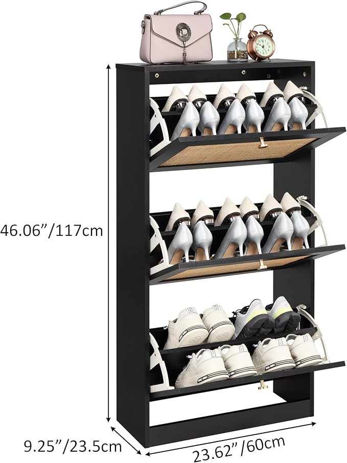 Finnhomy 3 Tier Shoe Cabinet with Natural Rattan Flip Drawers for Entryway, Free Standing Slim Shoe Storage Organizer with Large Top Board, Shoe Cabinet with Adjustable Width Drawers, Black