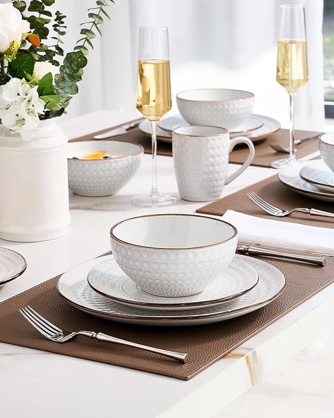 Famiware Eden Embossed Plates and Bowls Sets, Stoneware Dinnerware with Gold Trim, 12-Piece Luxury Dishes for 4, Everyday & Formal Use, Chip/Scratch Resistant, Microwave/Dishwasher Safe, White Circle