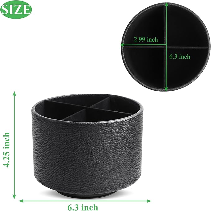 Round Leather Art Supply Organizer,Remote Control Holder,360 Degree Spinning,Multi-Functional Pencil Holder,4 Compartments Desktop Stationary Organizer(1-Lichee Black)