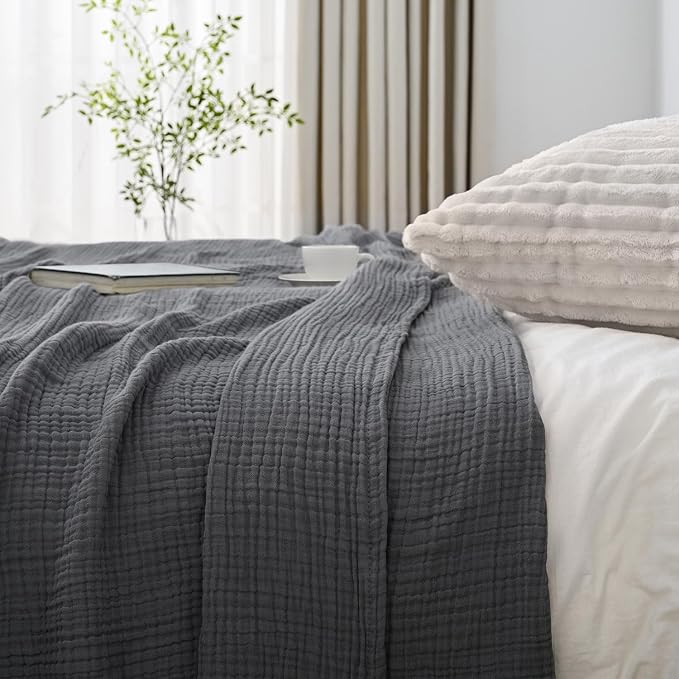 Esterra Queen Size Cozy Soft Lightweight Pre-Washed Cotton Blanket, All Season Breathable 4-Layer Gauze Blanket Throw for Couch Bed, Dark Gray, 90x90 Inches