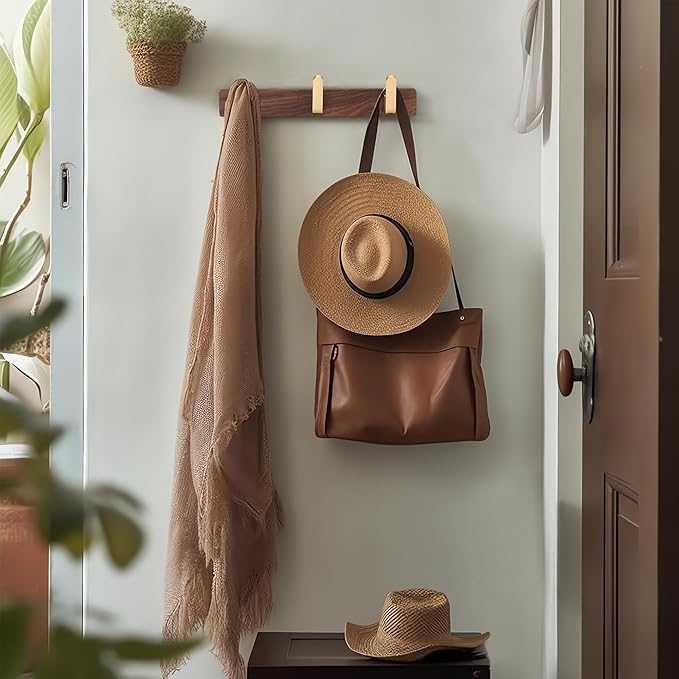 Wall Mounted Coat Rack, Entryway Hanging Coat Rack, Metal Wood Coat Rail with 3 Rustic Hooks Rail for Coat, Scarf, Bag, Towel, Key, Cap, Hat, Walnut Gold Matt