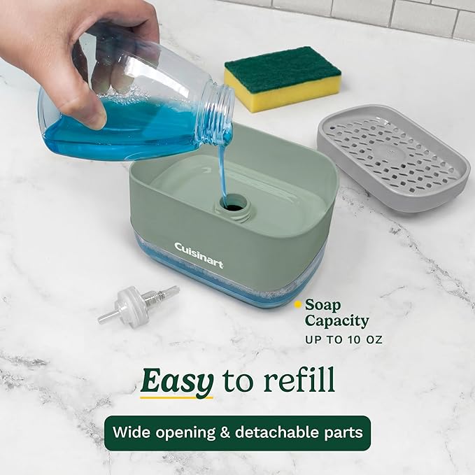 Cuisinart 2-in-1 Dish Soap Dispenser with Sponge Holder and Sponge for Kitchen Sink – Soap Pump Organizer Set with Tray, Countertop Caddy for Dishes, Dishwashing Liquid Dispenser, Sink Essentials
