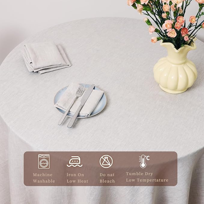 Round Linen Tablecloths 100% Pure French Linen Tablecloth 60'' Washable Linen Table Cloth Cover Decorative for Kitchen Wedding Party Dining Banquet with 4PCS Linen Napkins