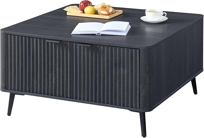 Fatmok Large Lift Top Coffee Table with Hidden Compartment, 35.4" Wide Oversized Square Coffee Table with Storage, Mid Century Modern Fluted Center Table for Home Living Room, Black Grey