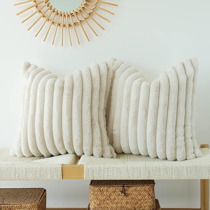JOJUSIS Pack of 2 Faux Fur Plush Solid Decorative Throw Pillow Covers Couch Cushion Case Soft Pillowcases For Home (Beige, 16 x 16-Inch)