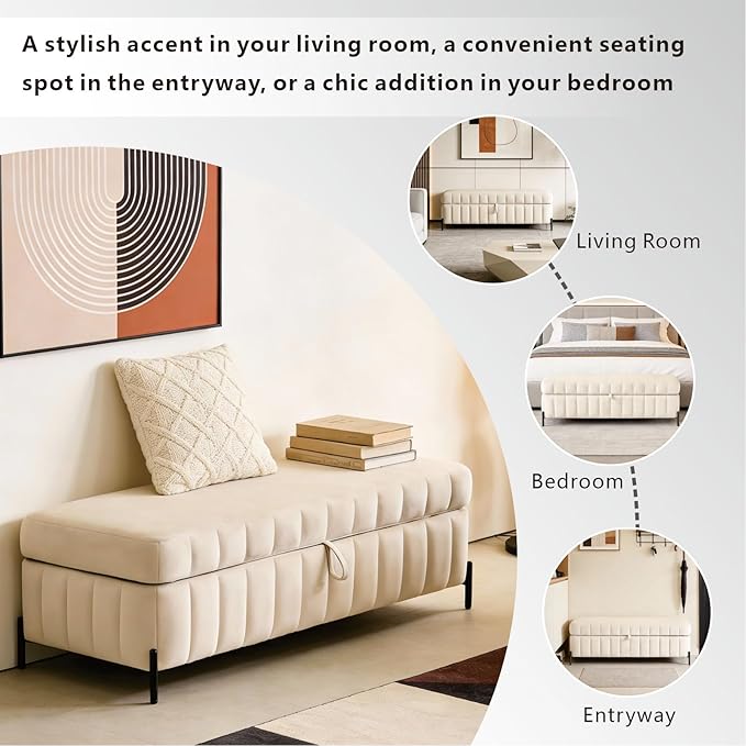 Chifee & Vingol 49.21" Storage Ottoman Bench Modern End of Bed Bench with Metal Legs Upholstered Velvet Entryway Benches with Storage for Bedroom Living Room Closet,Beige