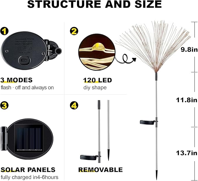 2 PCS Solar Firework Light, Outdoor Solar Garden Decorative Lights 120 LED Powered 40 Copper Wires String DIY Landscape Light for Walkway Pathway Backyard Christmas Decoration Parties (Warm White)
