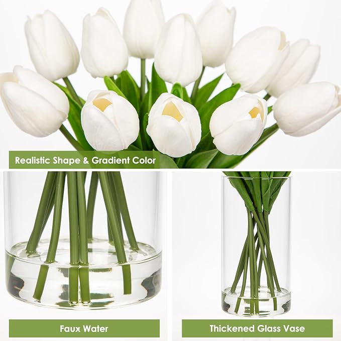 DILATATA 12 Pcs Artificial Real Touch Tulips Flowers in Glass Vase with Faux Water, Tulips Fake Arrangements White Tulips with Vase for Dining Table Home Decor Wedding Centerpieces