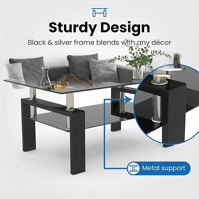 Meihua Rectangle Glass Coffee Table 2-Tier Tea Table Modern Side Coffee Table for Living Room (All Black)