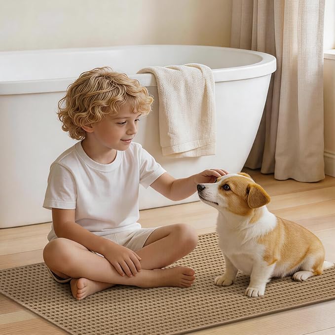 YIHOUSE Waffle Ultra Thin Bath Mat, Soft & Absorbent Bathroom Rug Set, Non-Slip Rubber Backed, Quick Dry Shower Mat, Boho Farmhouse Bathroom Decor, Machine Washable, Khaki, 2 PCS