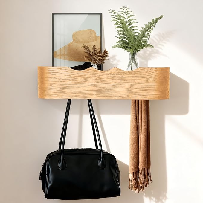 Coat Rack Wall Mount with Shelf Entryway Shelf Modern Key Holder Hanger Wall Shelves with Hidden Hooks for Hanging Towels Coats Hats Bags for Hallway Bathroom Bedroom(Wavy Oak, 4 Hooks)