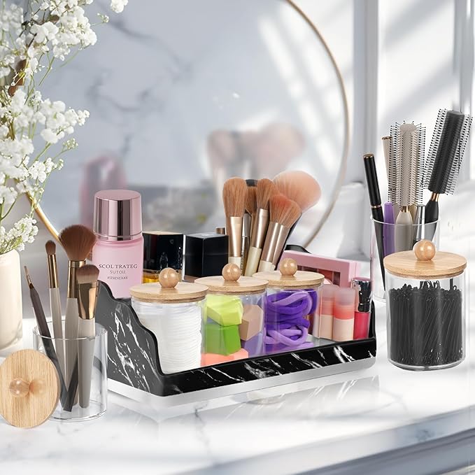 TuCao Marble Bathroom Countertop Organizer, Toothbrush Holders for Bathroom with 3PCS Qtip Holder Dispenser and Toothpaste Holder Drainage for Bathroom Accessories Organization Counter Vanity Storage