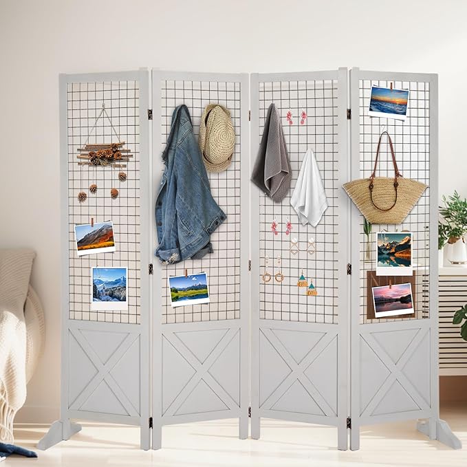 VINGLI Room Divider Freestanding Gridwall, 4 Panel Folding Display Board Organizer with Base Feet, Decorative Wooden Frame Wire Grid Screens for Craft Shows Events Retail (White, 5.5'×6')